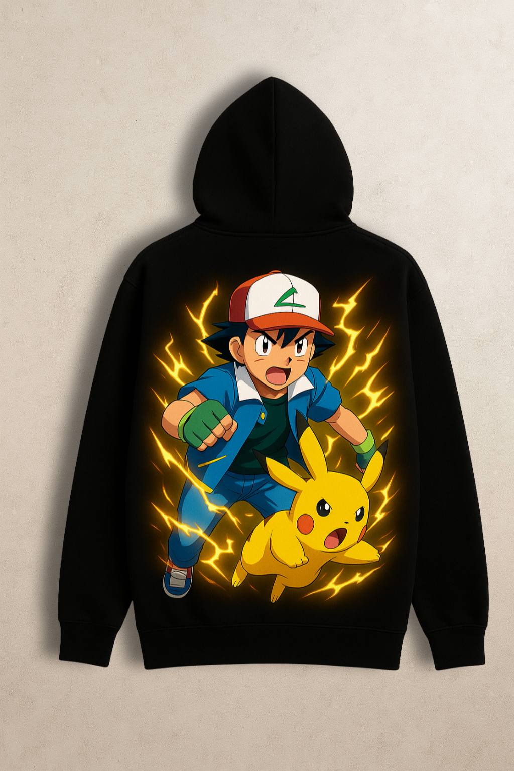 Ash & Pikachu Thunder Hoodie – Electric Duo Streetwear by Nickoz